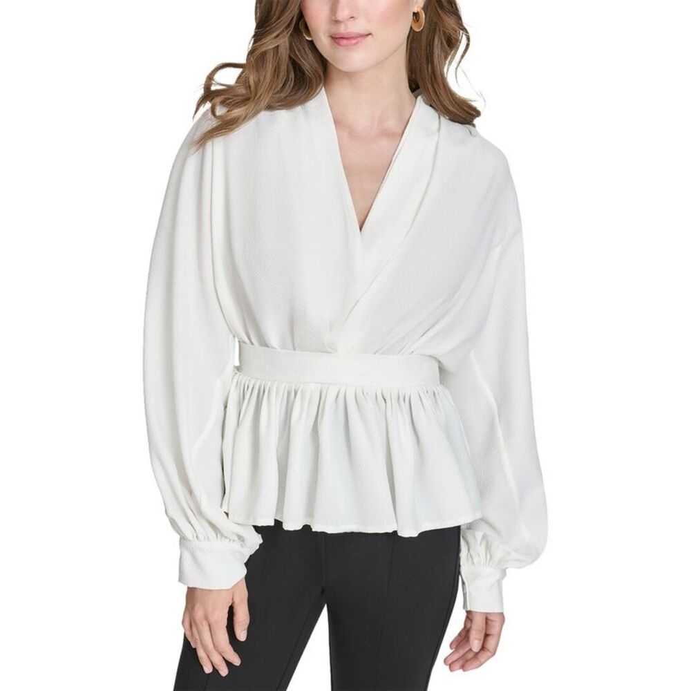 Halston Womens  Tie Waist Blouse, White